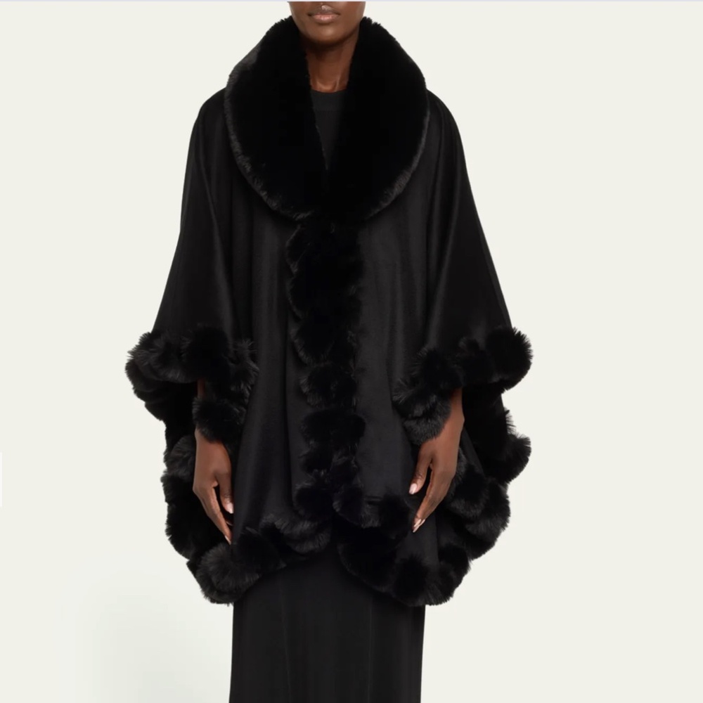 SOFIA CASHMERE Cashmere Faux Fur Trim Cape - Picture 1 of 6